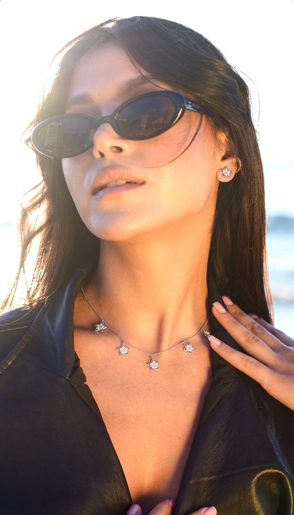 Flower zircon necklace and earrings set